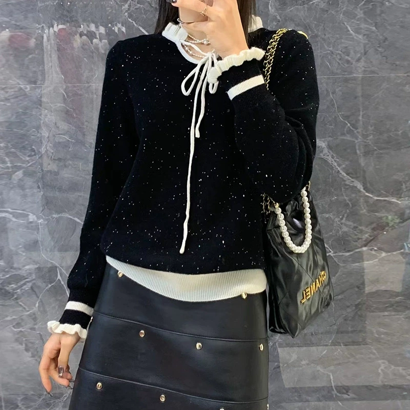 全羊毛亮片木耳边上衣羊毛衫女2024新款早春慵懒风超好看针织毛衣
