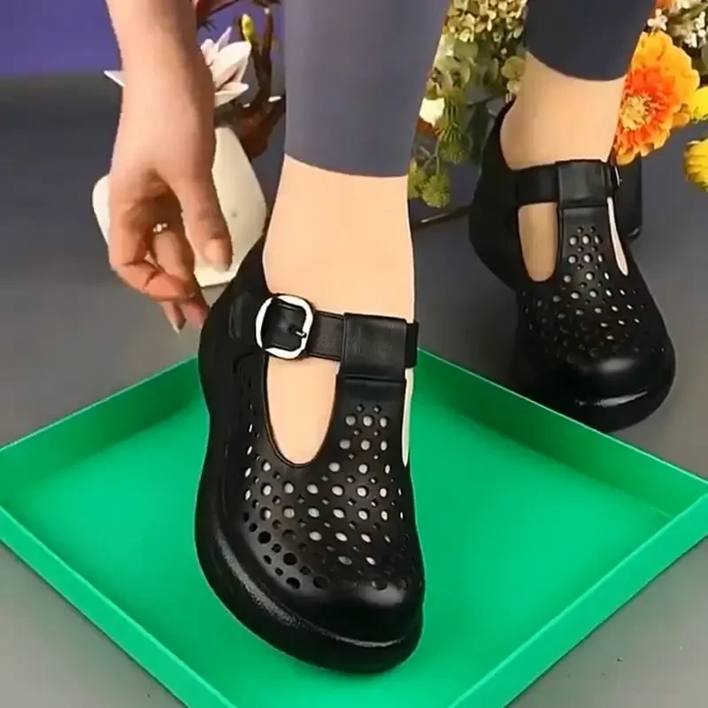 舒适低帮低跟女夏圆头镂空洞洞鞋单鞋休闲软底厚底坡跟