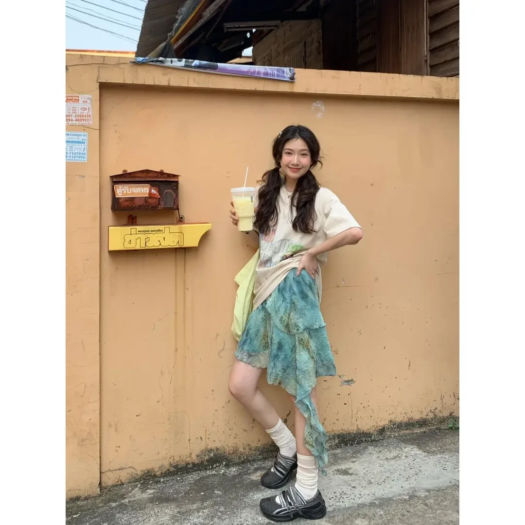 夏季女士新款圆领图案显瘦短袖T恤上衣休闲半身裙百搭气质短裙