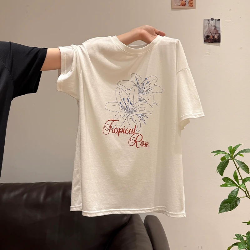 韩系白色宽松圆领印花短袖t恤女2025夏季松弛慵懒感休闲百搭上衣