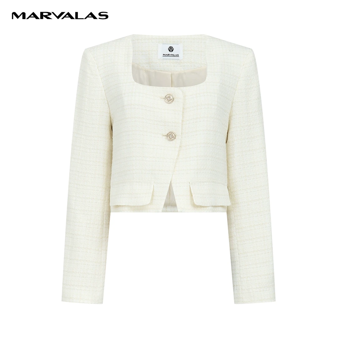 【KK专属】曼德诗方领短外套2024春装新款小香风羊毛花呢上衣女