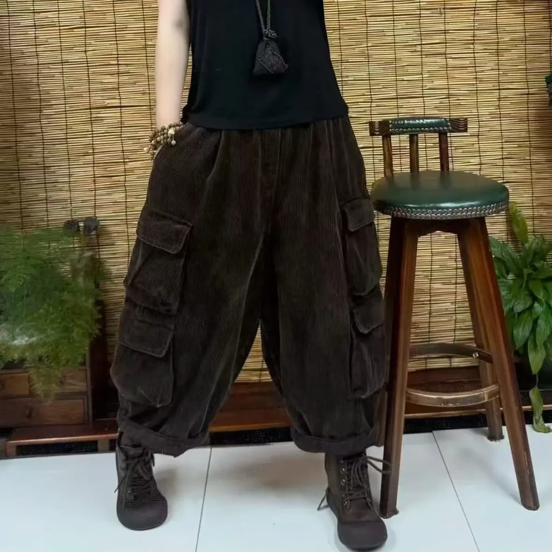 冬季加棉加厚多口袋宽松灯芯绒休闲工装棉裤女款