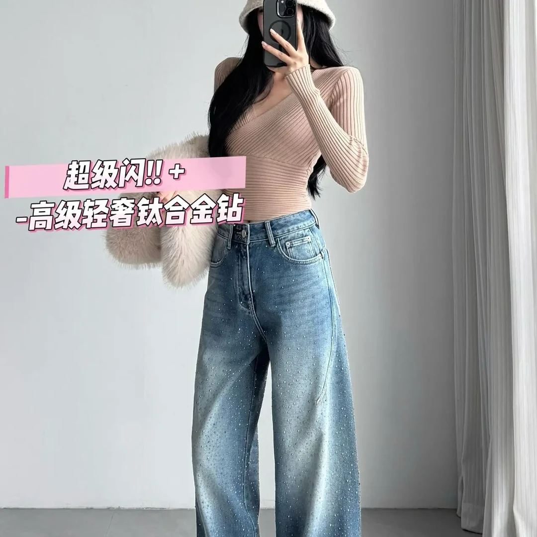 烫钻高腰宽松显瘦阔腿牛仔裤