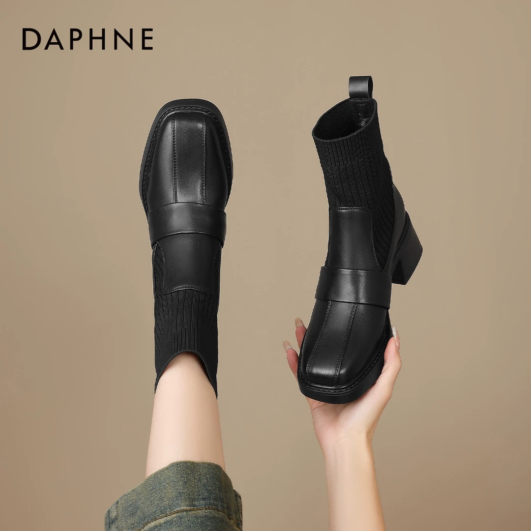 达芙妮黑色短靴女秋冬季2025新款高跟切尔西靴加绒瘦瘦靴子马丁靴
