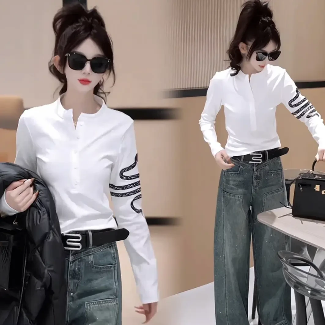 2025春季新款女装长袖网红T恤女休闲百搭显瘦设计感长袖打底上衣