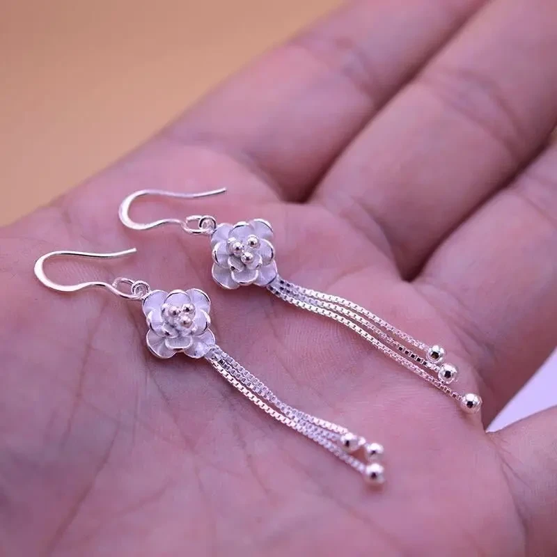 足银耳饰香港真银999纯银耳环女款千足银玫瑰花流苏镀耳钩礼