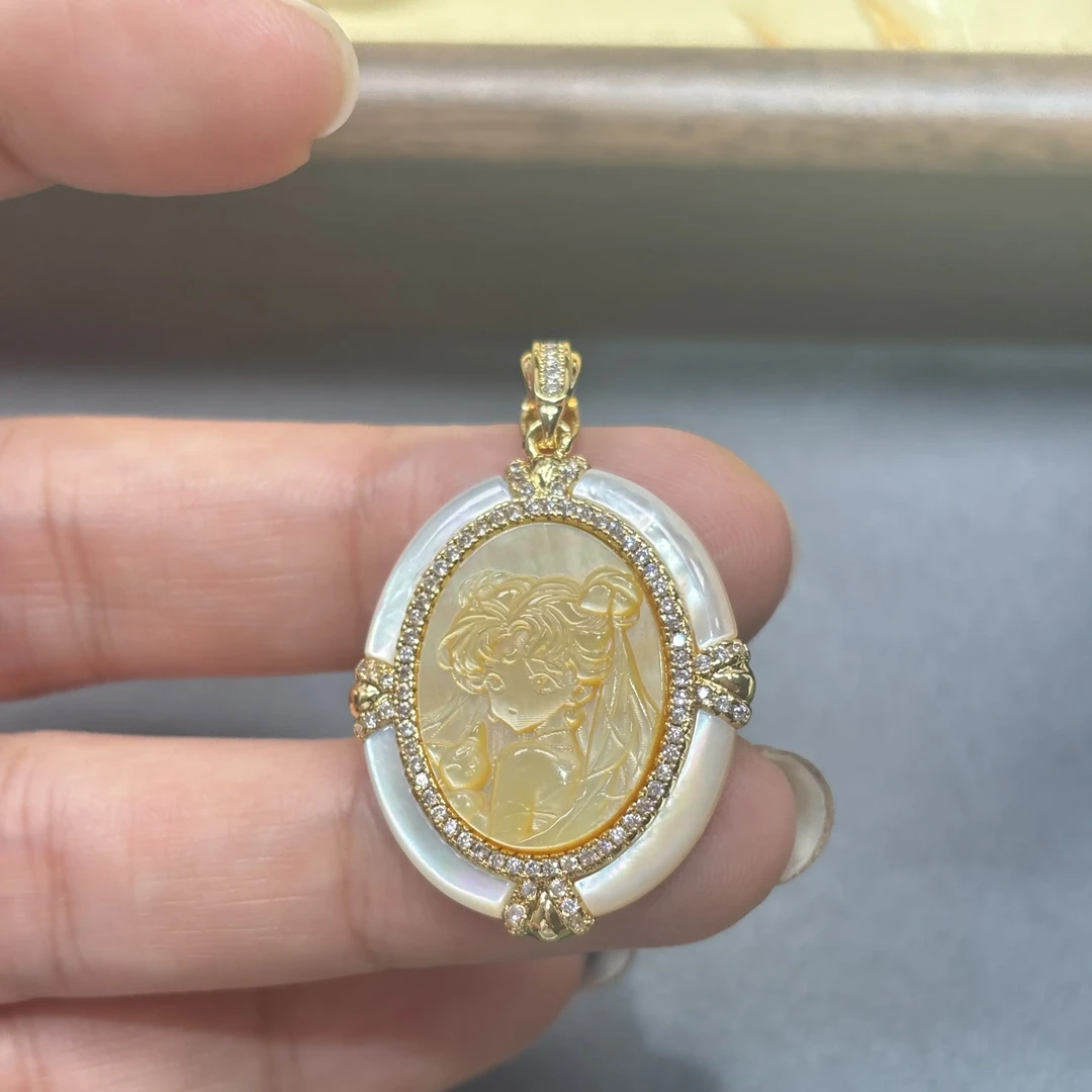 铜合金贝壳吊坠 单坠金色饰品雕刻贝母配饰椭圆形万能扣项链吊坠