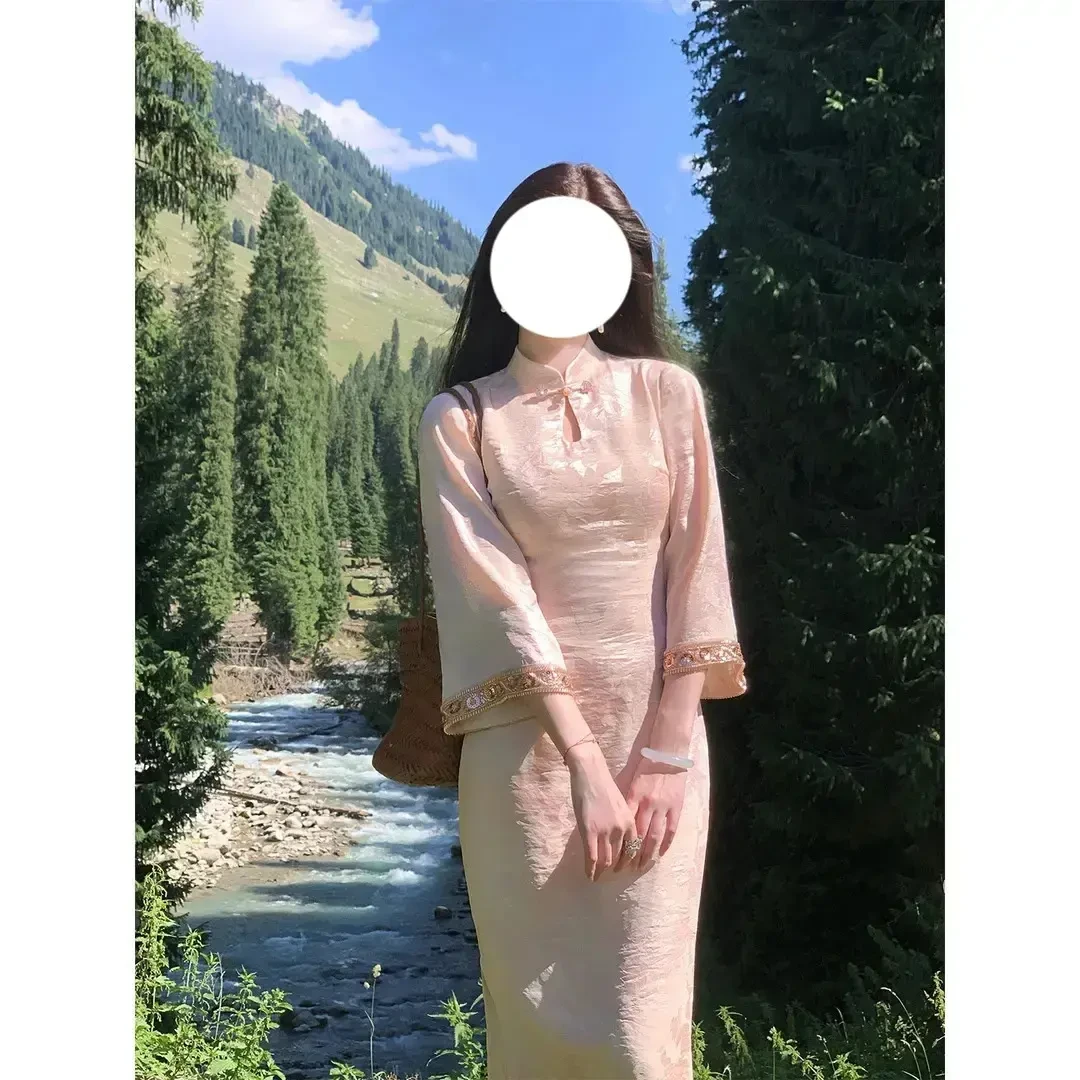 凌茜恣禾【甜月香】国风新中式提花镂空旗袍领连衣裙复古改良旗袍