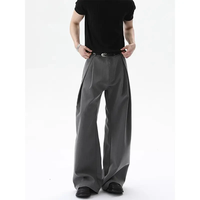 灰色弯刀A字西裤男夏季薄款老钱风工字褶阔腿裤子通勤休闲直筒裤