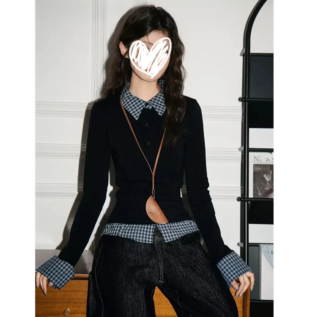 美式复古学院风假两件格子拼接Polo领上衣女春秋季显瘦长袖T恤