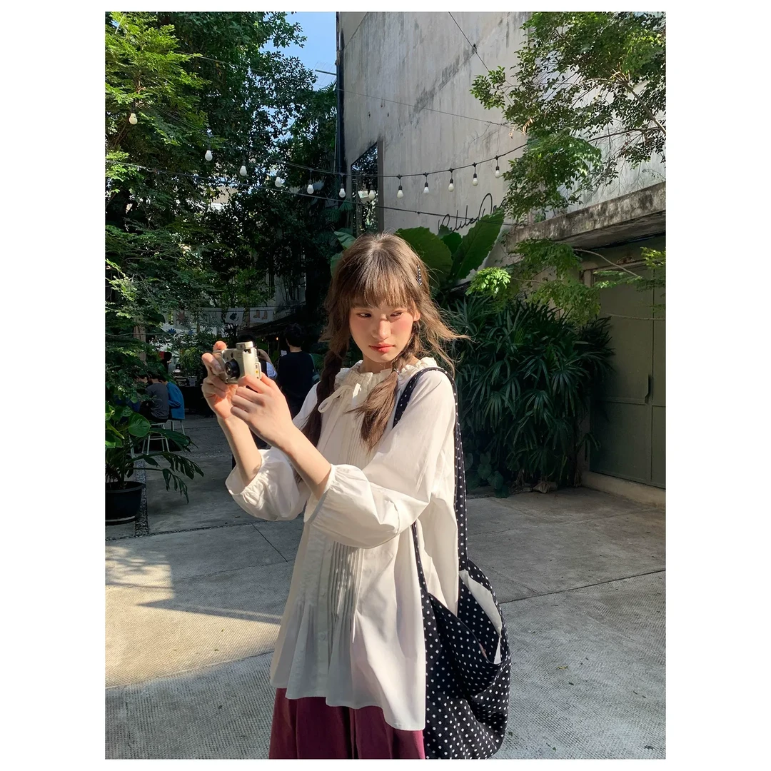 【你好卡农-蕾子】木耳边绑带领牙签褶宽松设计别致衬衫KC25Z5786D