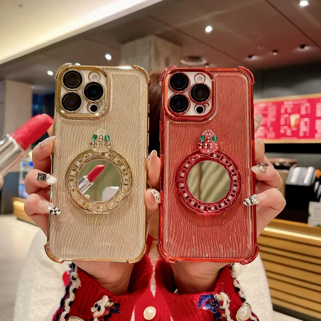 中国红适用苹果16手机壳闪钻镜子蛇支架iPhone15/14全包气囊防摔