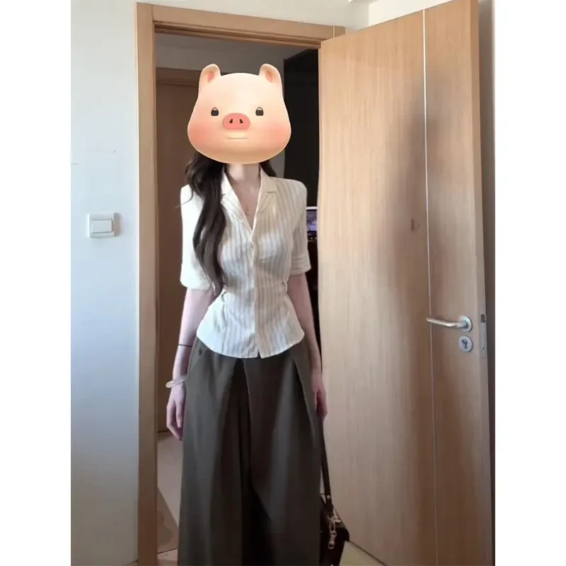 洋气休闲装设计感气质条纹短袖衬衫上衣夏季高腰宽松阔腿裤套装