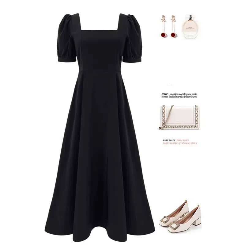 气质裙子女夏季2024年新款设计感方领收腰长裙红色泡泡袖连衣裙