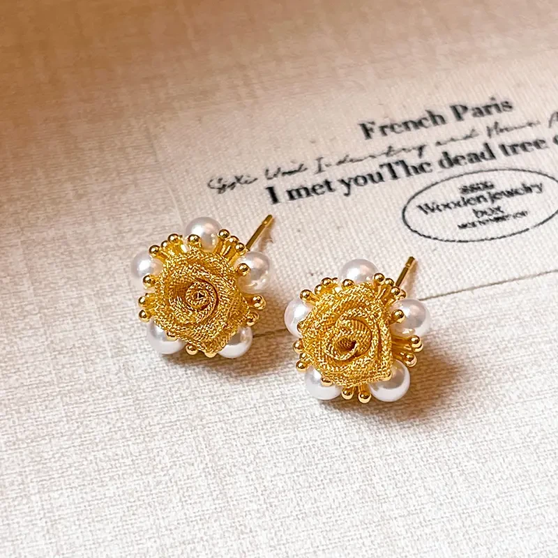 铜合金耳饰 黄色网纱玫瑰珠珠耳钉新款时尚轻奢独特耳环百搭耳饰