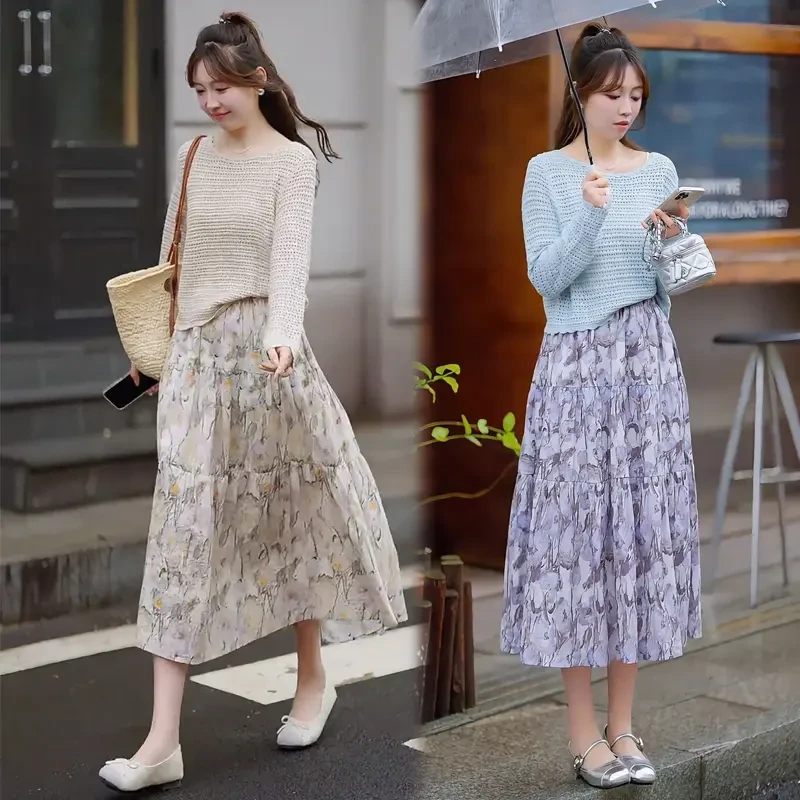 时尚套装裙女2025春夏新款时髦洋气镂空针织衫半身碎花裙两件套裙