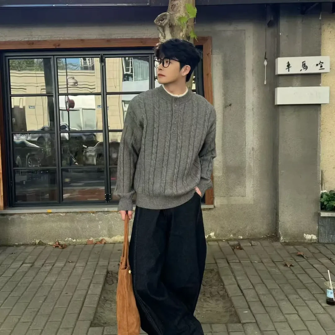 秋冬季男士老钱风慵懒风宽松保暖亨利领针织套头毛衣