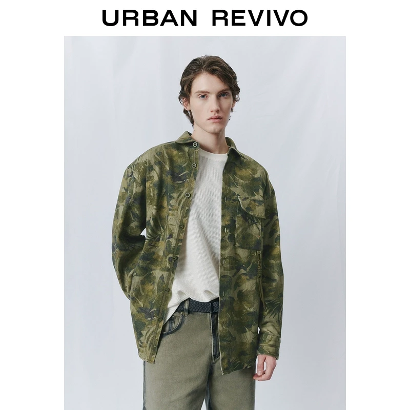 UR2025春季新款男装植物系印花工装口袋开襟衬衫UML250003