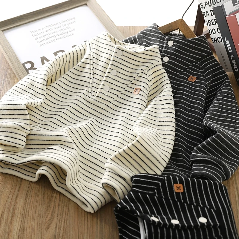 男童加绒卫衣2024冬季新款儿童条纹保暖上衣帅酷男孩半开领打底衫