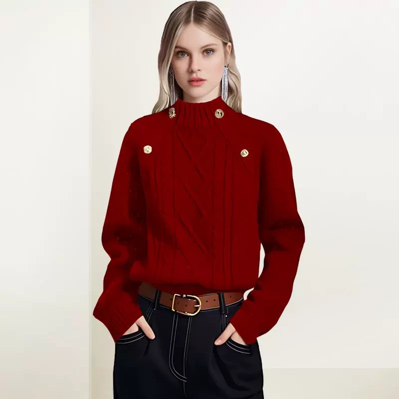 红色半高领绞花毛衣女2025年秋装新款复古慵懒短款套头内搭针织衫