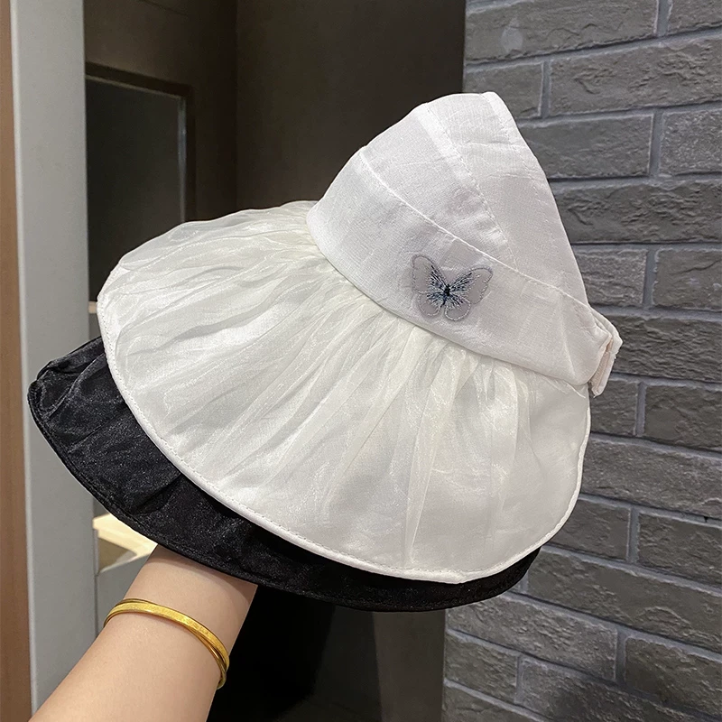 防晒遮阳帽子女夏仙气蝴蝶大帽檐遮脸渔夫帽海边度假扎马尾空顶帽