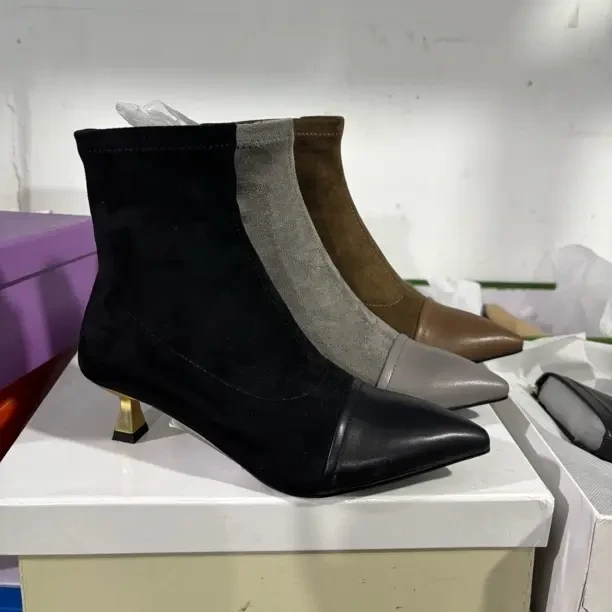 秋冬新款低跟尖头牛皮拼接真皮绒瘦瘦短筒真皮女靴