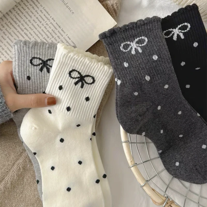 波点蝴蝶结短袜女新款堆堆袜日系网红中筒女袜防臭吸汗花边袜
