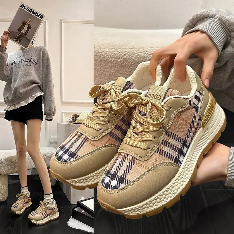 时尚复古女鞋厚底千鸟格休闲鞋百搭运动鞋