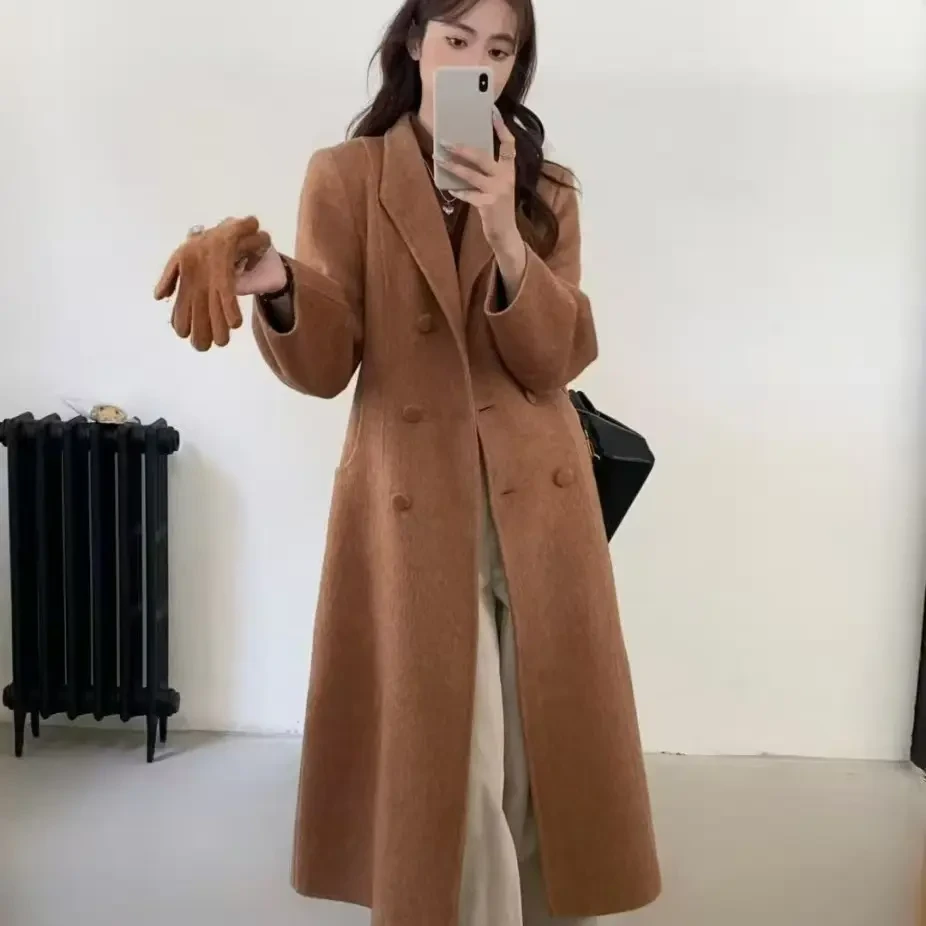 女士秋冬新款双面羊绒西装领长款韩系通勤气质显瘦时尚大衣外套