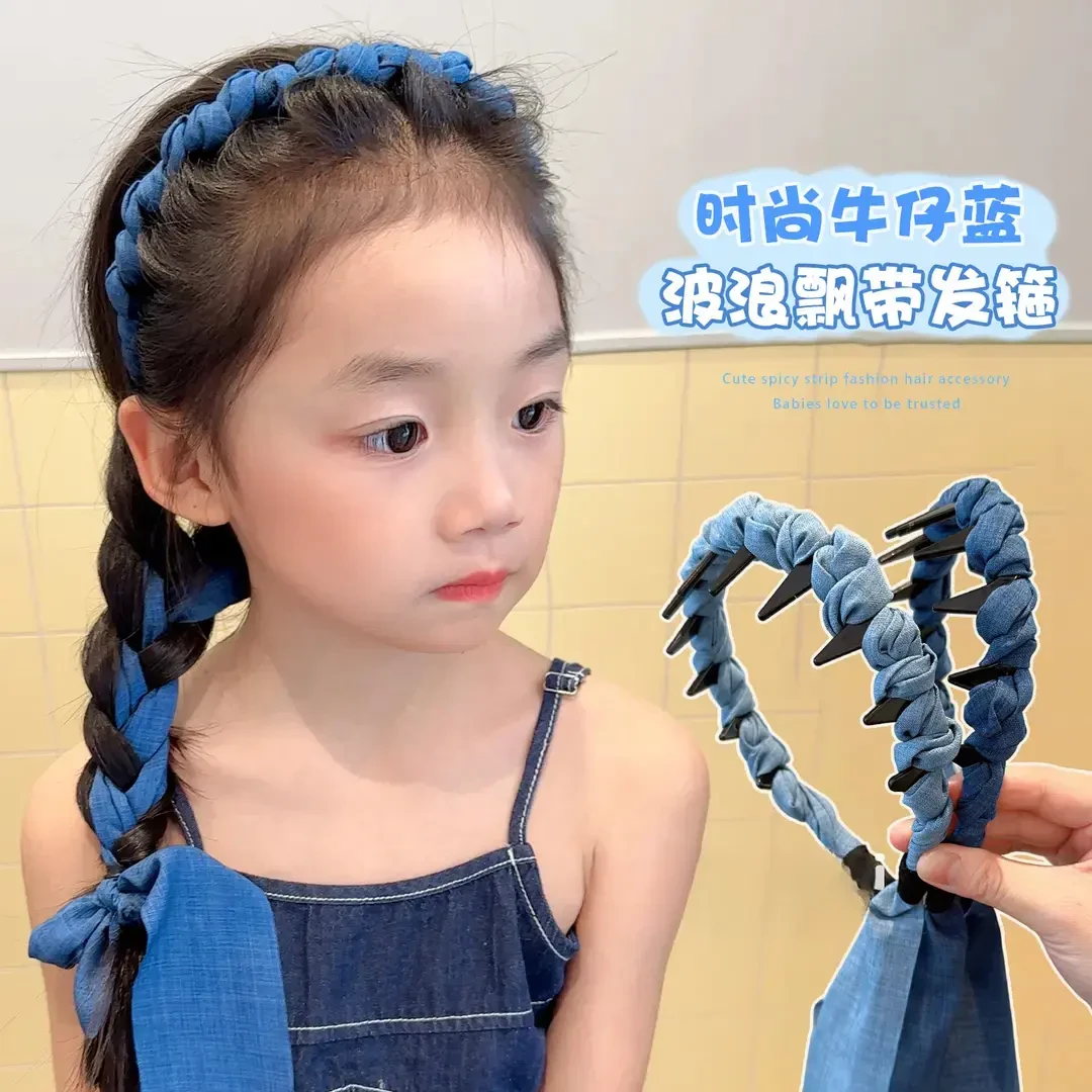 儿童复古牛仔飘带发箍绑发女童麻花辫编发不勒头箍宝宝高颅顶发饰