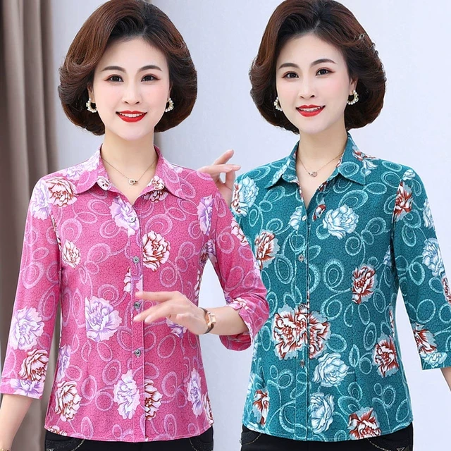 2025新款妈妈装七分袖衬衫中老年女士衬衣洋气碎花上衣老人宽松女