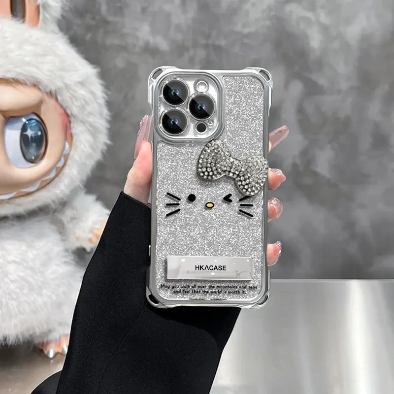 喵咪蝴蝶结适用苹果vivo华为oppo小米iPhone16电镀四角挂绳手机壳