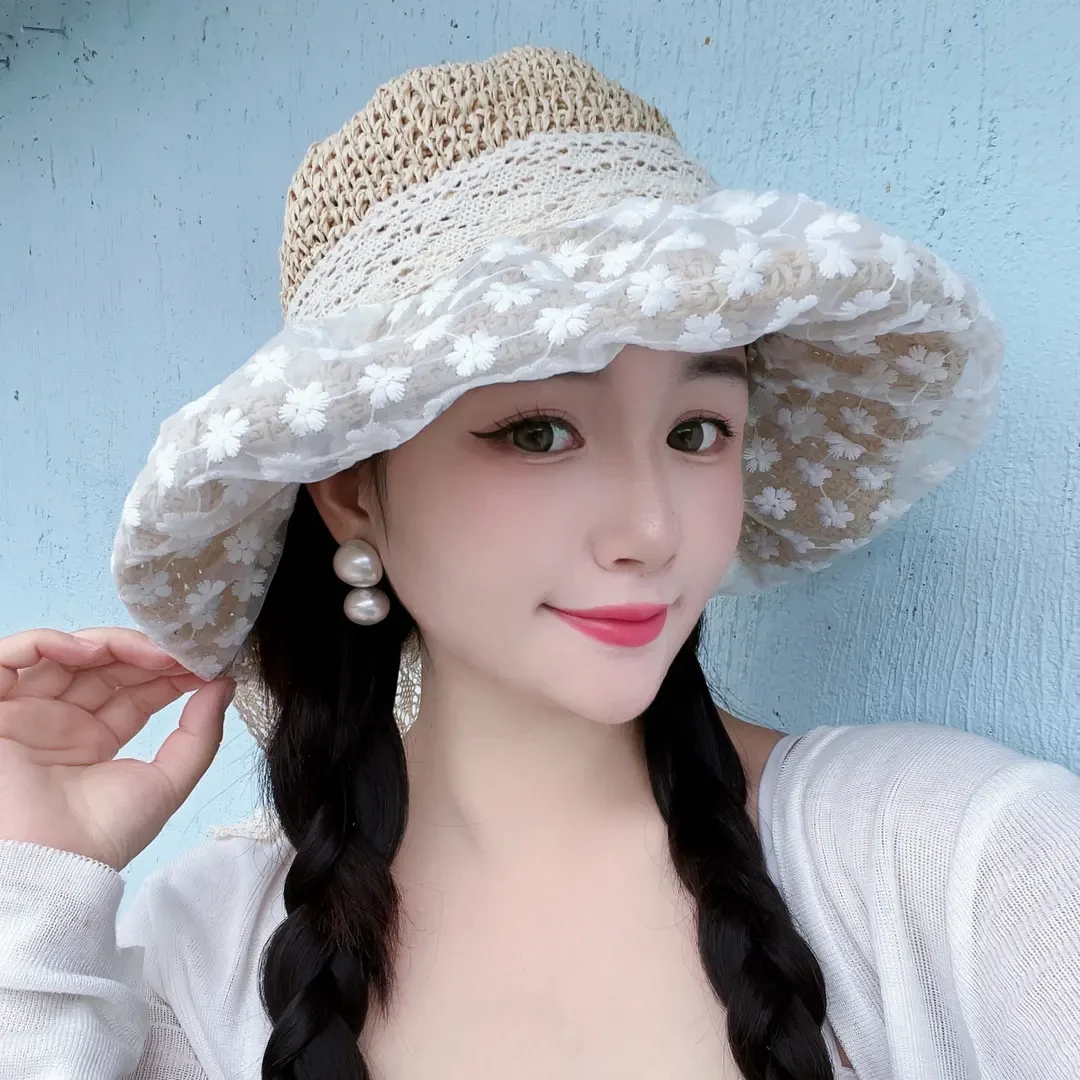 新款帽大帽檐显脸小蕾丝草帽女镂空遮阳帽子渔夫帽太阳帽法式沙滩