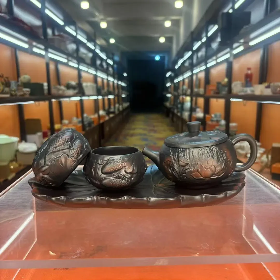 当代 紫陶清雅荷韵壶一壶两杯小套装z2592