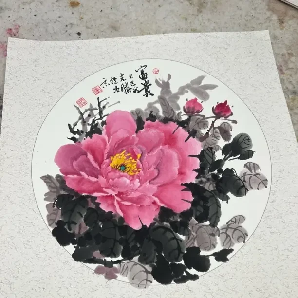 50x50cm卡纸手绘牡丹圆形国画适合客厅餐厅卧室装饰免装裱无框