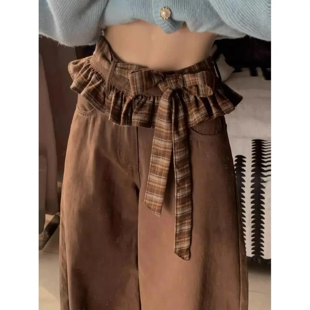 咖色双腰头蝴蝶绑带牛仔裤女2025年夏季设计感直筒裤子女款夏季