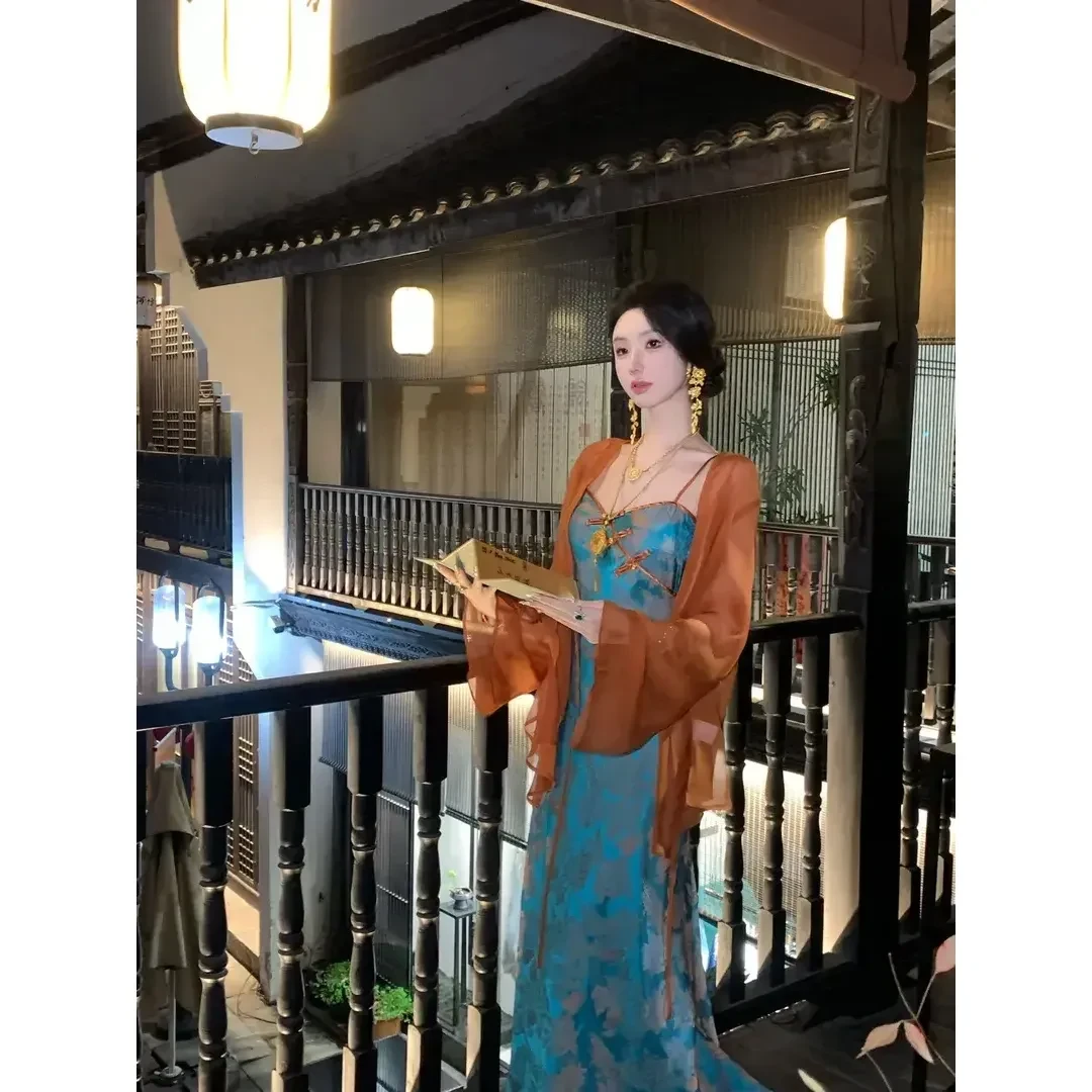 【甜星】新中式国风提花吊带连衣裙百搭显瘦披肩上衣新款时尚女