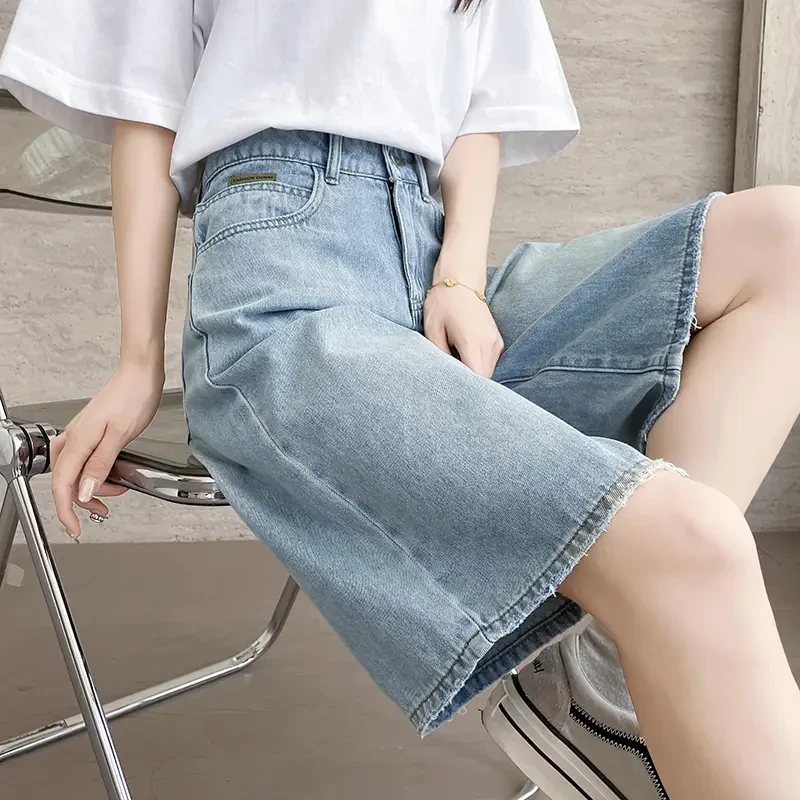 浅色五分直筒牛仔短裤女夏季2025薄款高腰显瘦宽松垂感阔腿中裤子