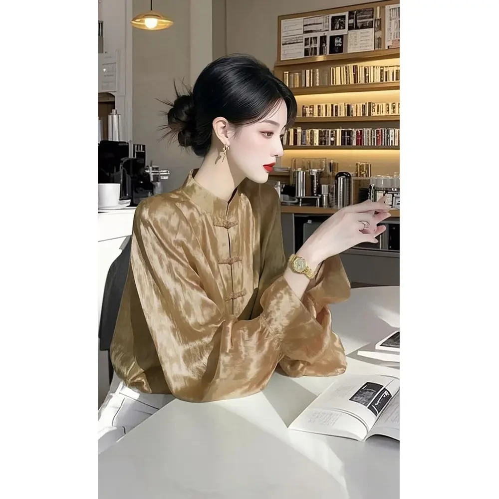 新中式国风咖色衬衫2025早春洋气休闲女装衣服高端收腰盘扣衬衣