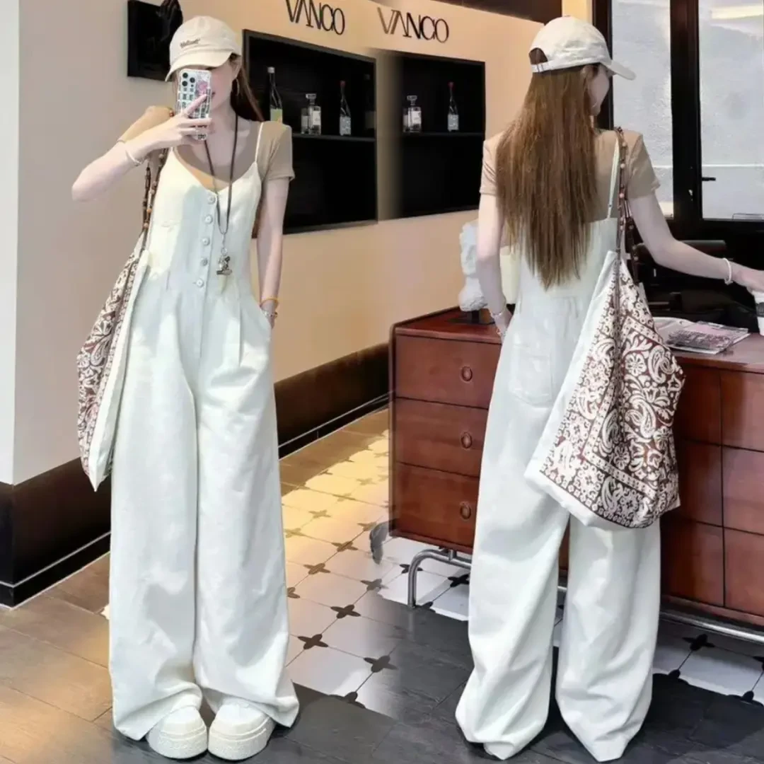 网红爆款时尚复古吊带牛仔连体裤女夏季慵懒风简约短袖T恤两件套