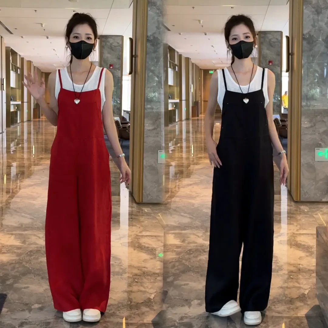 亚麻高腰设计感直筒背带裤+女背心打底简约纯色两件套