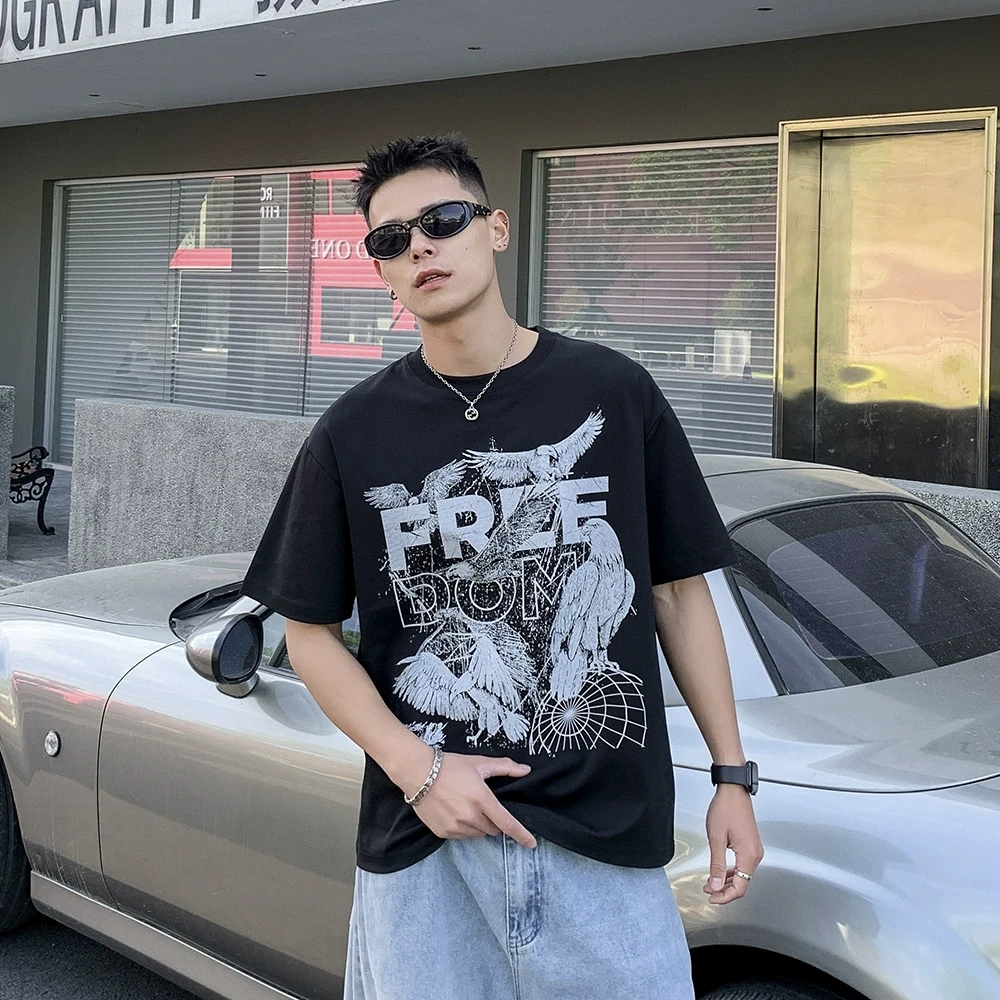 美式复古印花短袖T恤男女夏季潮牌ins宽松大码上衣重磅情侣半袖衫