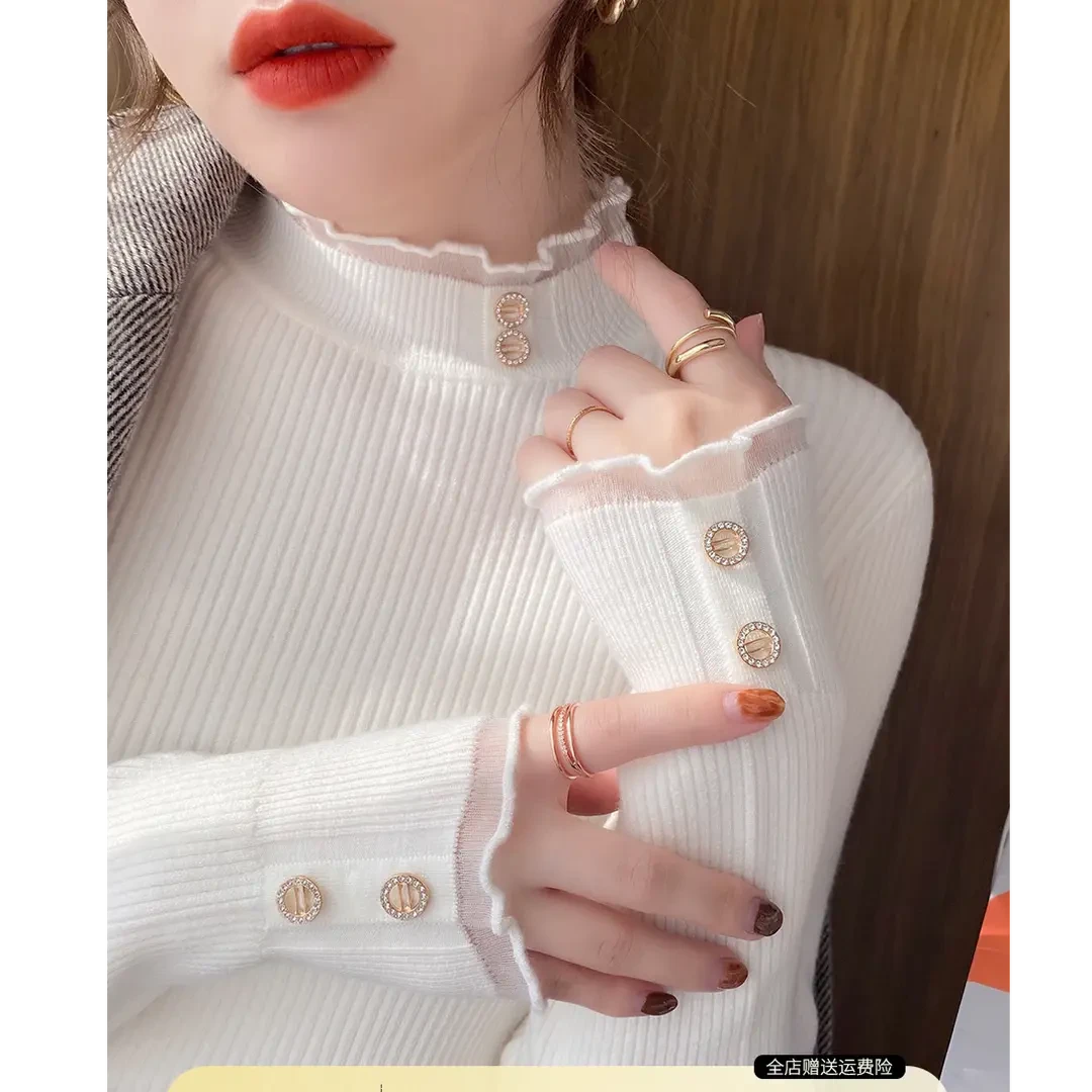 白色半高领打底衫女秋冬温柔气质2025新款加绒蕾丝内搭毛衣