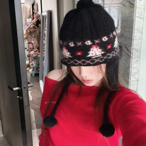 Herlian 2025冬季圣诞树图案护耳设计针织帽