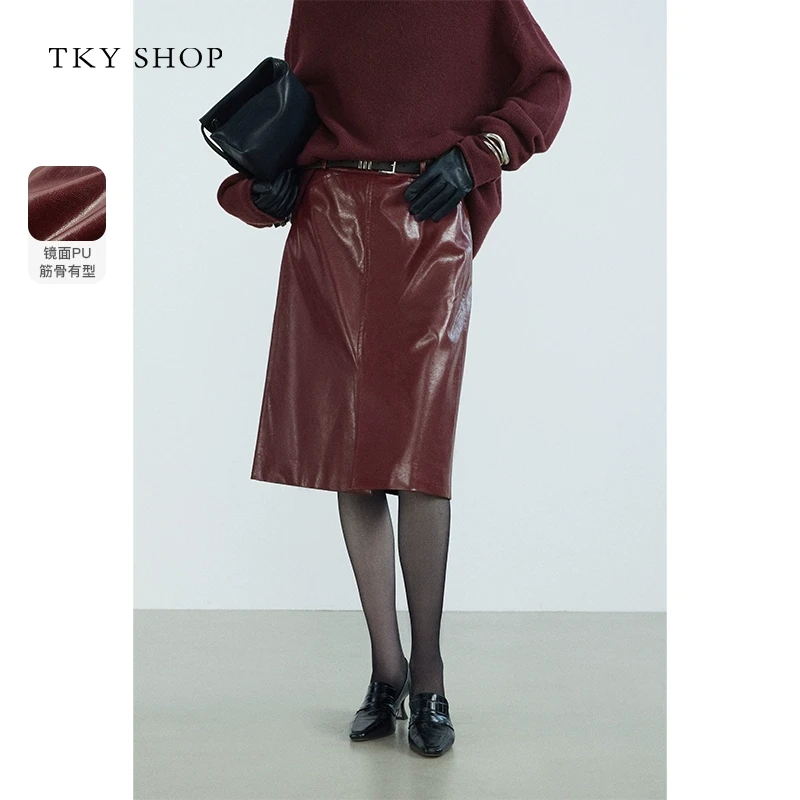 TKYSHOP氛围感复古风安可拉红PU皮裙秋冬中长半身裙 10H1BJ03S271