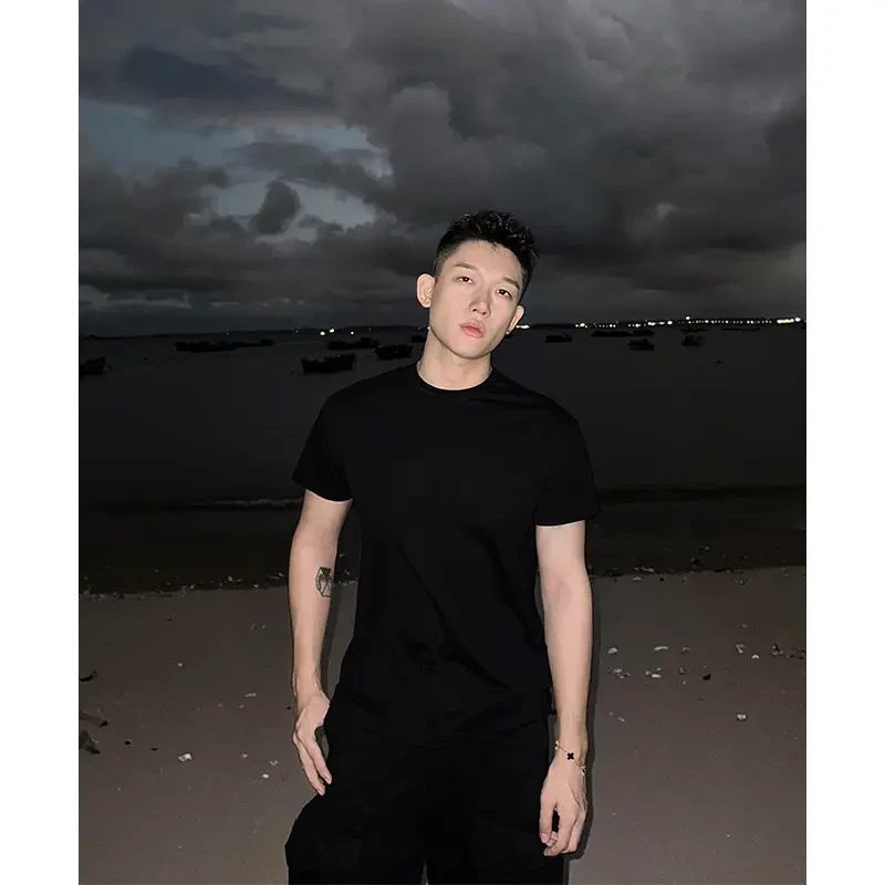 纯黑色正肩收袖口t恤男夏季健身短袖重磅美式五分袖内搭百搭体恤