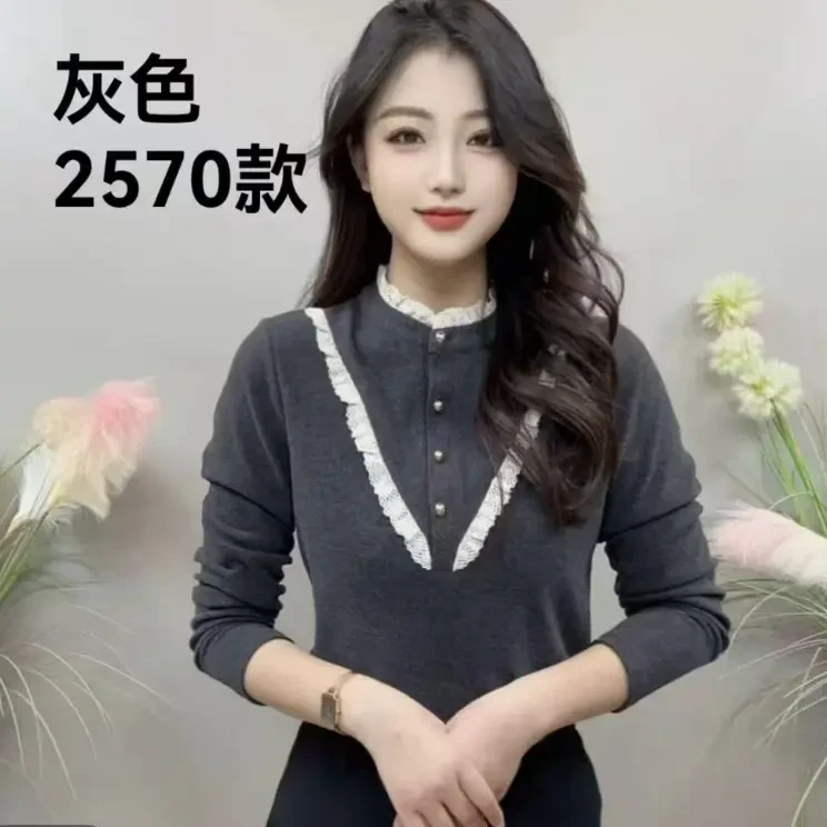 冬季新款保暖纯色花边纽扣款气质百搭女士长袖蕾丝木耳边衬衫上衣