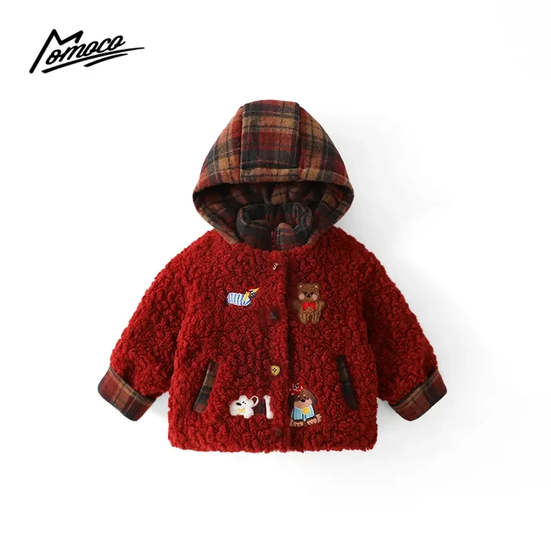 MOMOCO冬季新款男女童假两件卡通绣花加棉连帽外套75480123013