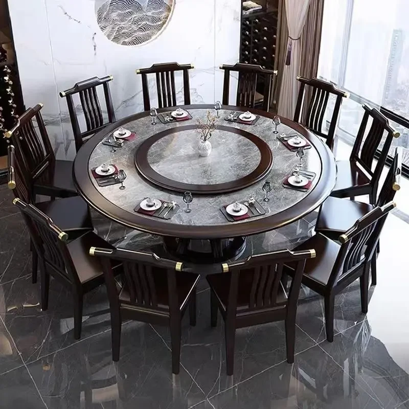 新中式全实木餐桌椅组合轻奢岩板家用餐桌酒店家庭装大圆桌吃饭桌