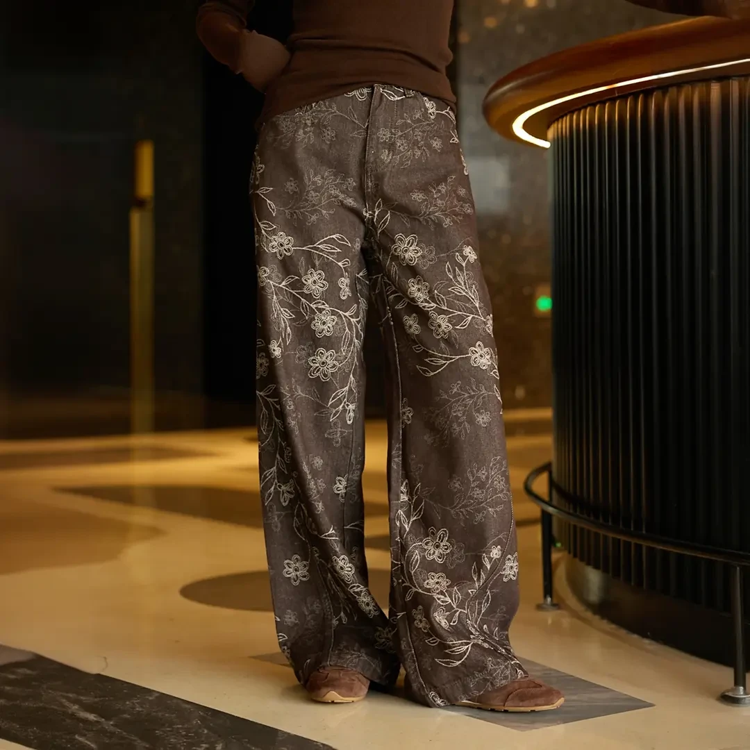 宽松显瘦阔腿牛仔裤2025秋季新款咖色复古时尚提花高腰洋气直筒裤